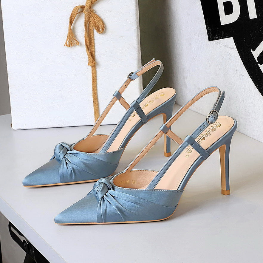 Cocktail Satin Bow Stiletto Heel High Heel Shoes Pointed Shallow Mouth Back Empty Closed Toe Shallow Mouth Pumps DestGlow