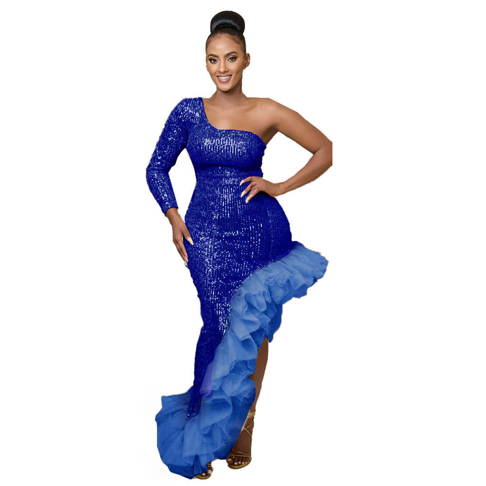 Sexy Sequin Single Shoulder Mesh Stitching Irregular Asymmetric Dress by Ragazza