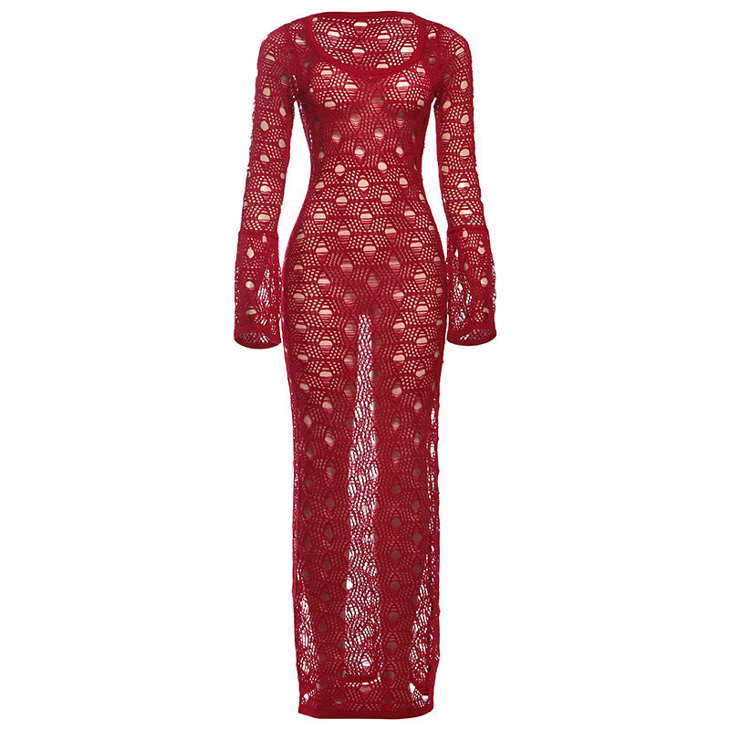 Winter Women Clothing Solid Color U Neck Sexy Slim Fit See through Elegant Dress by Ragazza