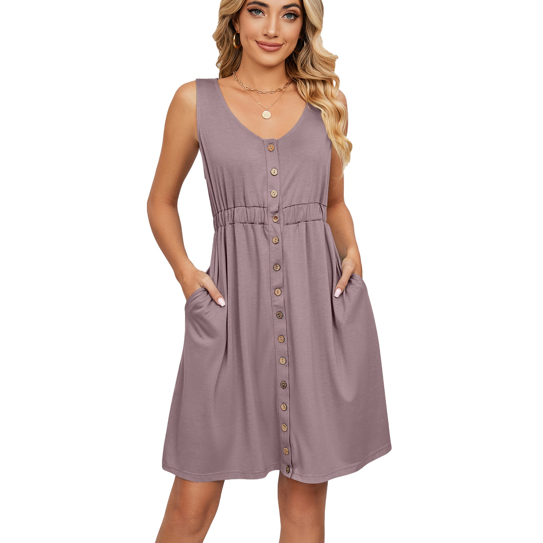 Spring Summer Solid Color Sleeveless Button Pocket Crew Neck Split Waist Dress by Ragazza