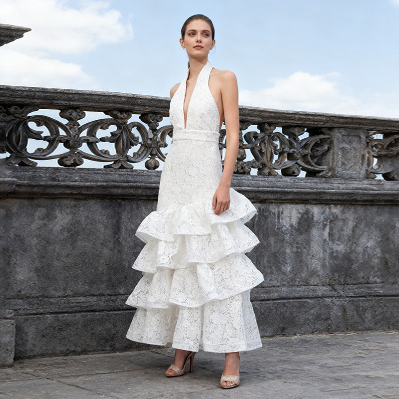 French Elegant Ruffled Maxi Dress Pure White Deep V Plunge neck Halter Backless Sleeveless Autumn Dress by Ragazza