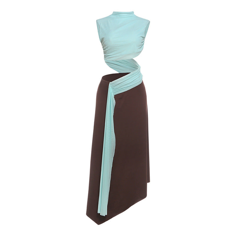 Autumn Winter Women Clothing Sexy Cropped Ribbon Sleeveless Stitching Contrasting Color Dress