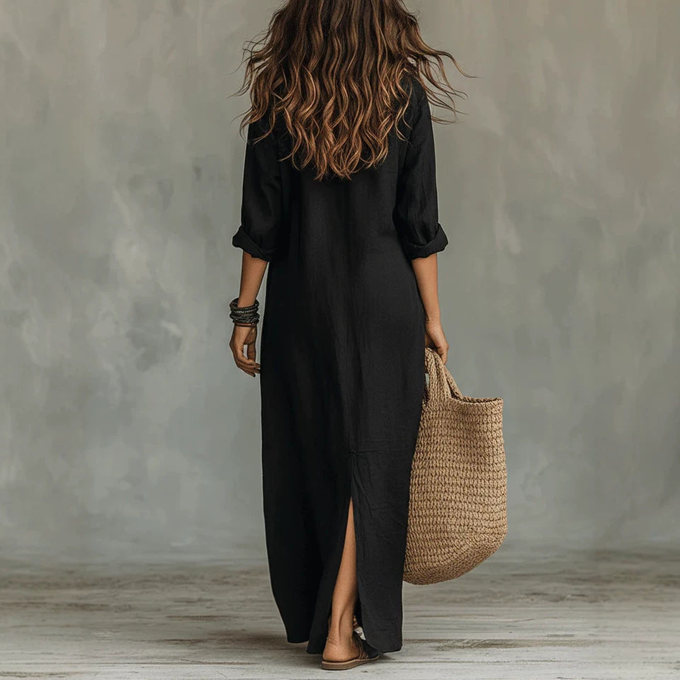 Women Elegant Button Collared Slit Elegant Dress DestGlow