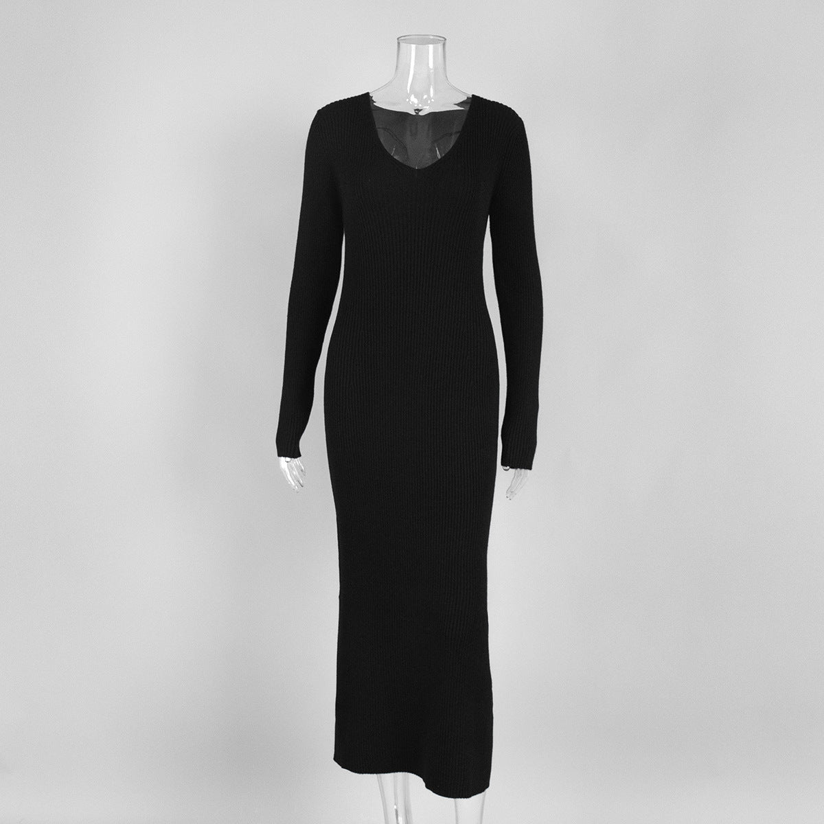 Solid Color Long Sleeve Dress Women Autumn Winter Elegant V neck Slim Hip Knitwear Dress by Ragazza
