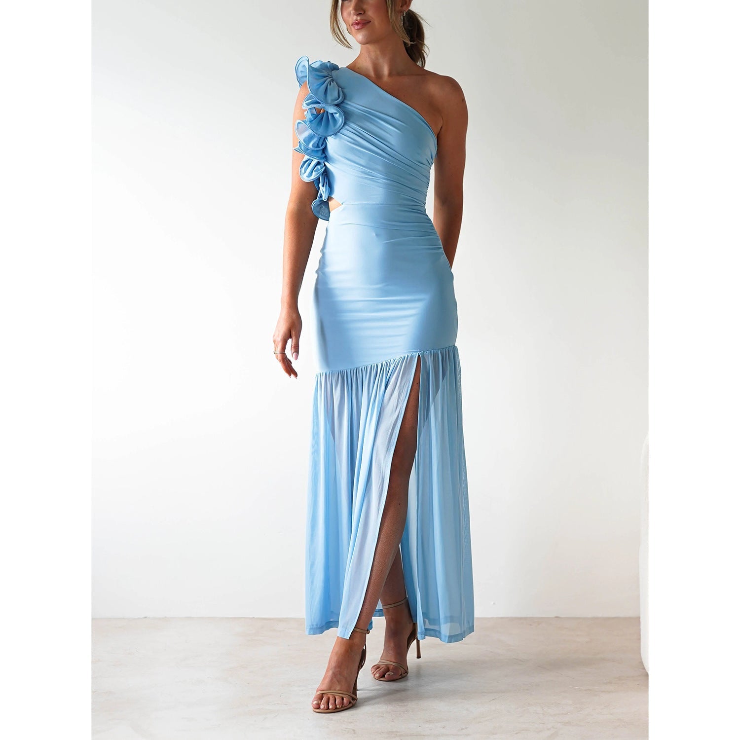 Autumn Winter Hollow Out Cutout out One Shoulder Ruffled Mesh Dress DestGlow