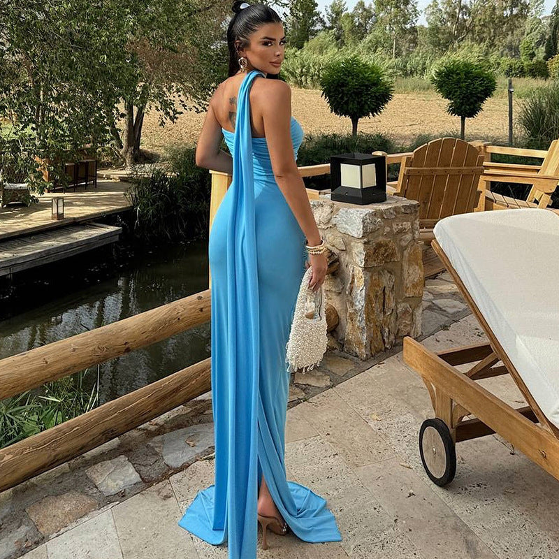 Women Clothing Solid Color Halter Dress Sexy Backless Ribbon Split Maxi Dress by Ragazza