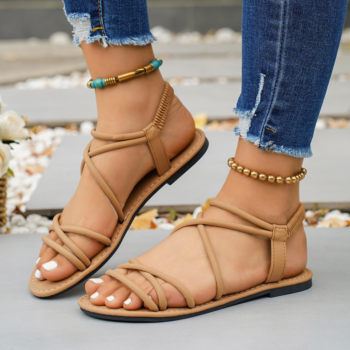 Thin Band Elastic Band Flat Sandals Women Solid Color Open Toe Lightweight Beach Slippers DestGlow