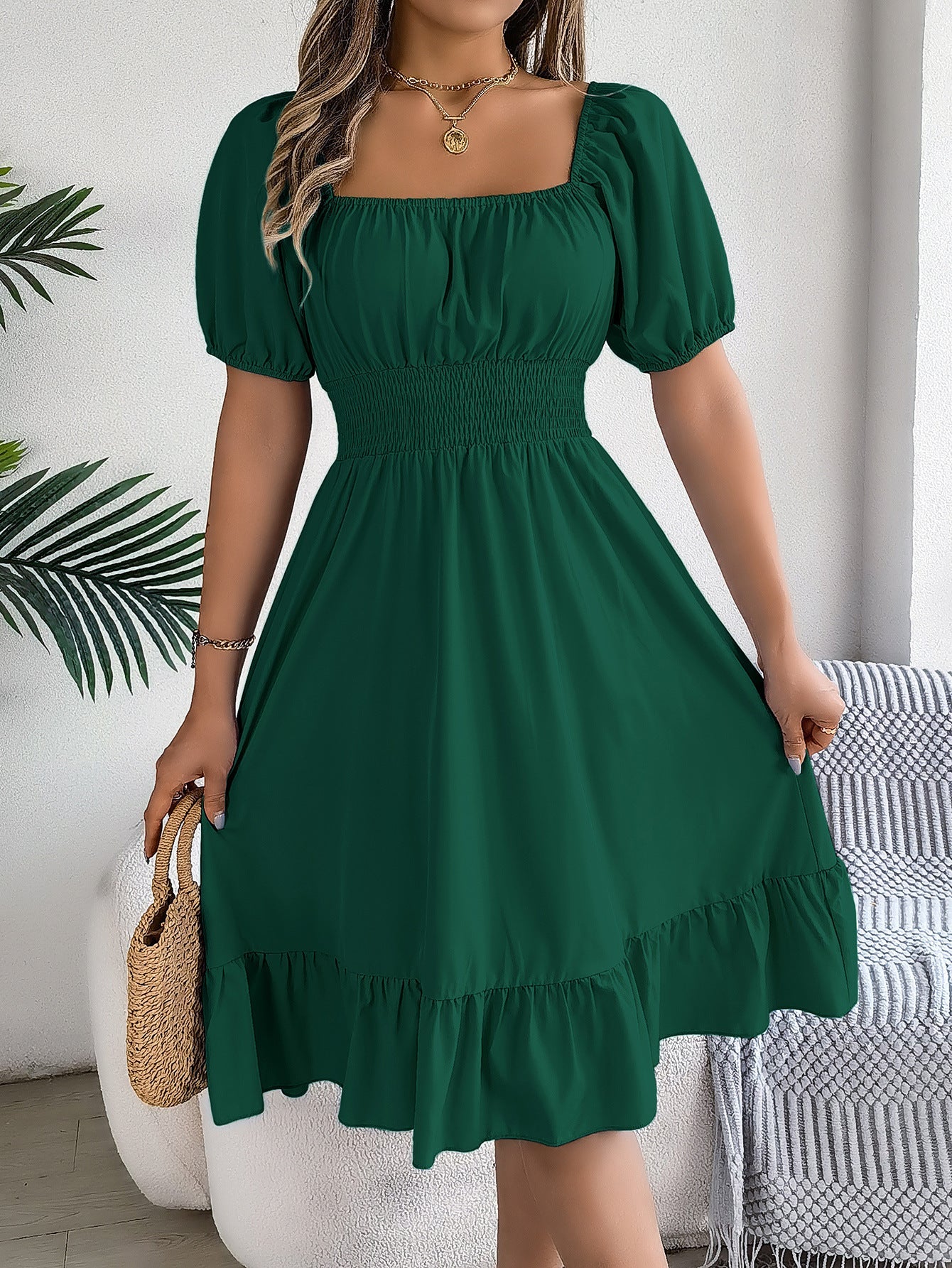 Spring Summer Casual Square Collar Short Sleeve Waist Trimming Ruffles A line Dress Women Clothing by Ragazza