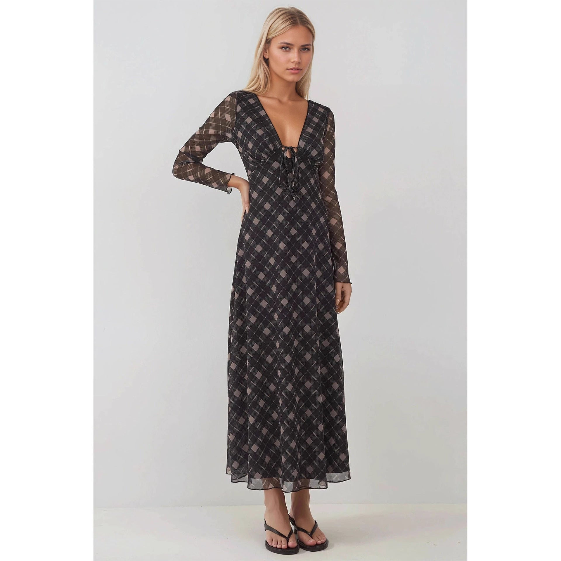 Autumn Retro V neck Lace up Plaid Elegant Graceful Slim Dress DestGlow