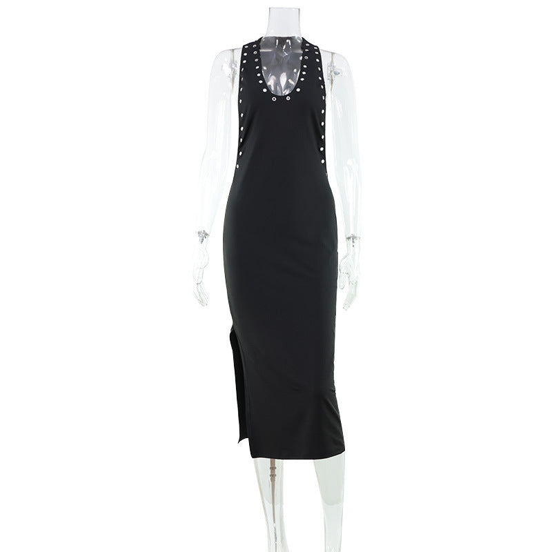 Sexy Personalized Perforated Slim Fit Slimming Sleeveless Halter Bare Back U Collar Waist High Elastic Solid Color Dress by Ragazza