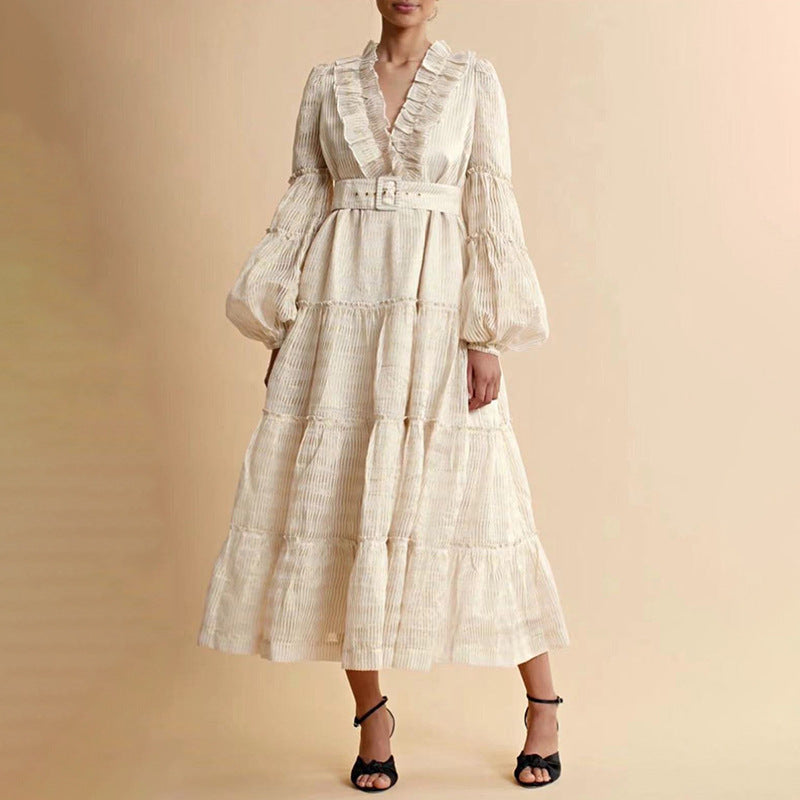 French Elegant Retro Spring V neck Long Sleeve Belt Waist Design Long Solid Color Wide Hem Dress by Ragazza