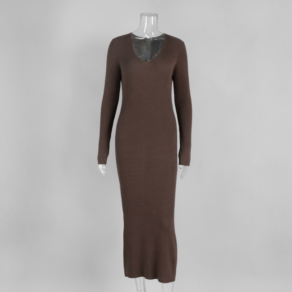 Solid Color Long Sleeve Dress Women Autumn Winter Elegant V neck Slim Hip Knitwear Dress by Ragazza