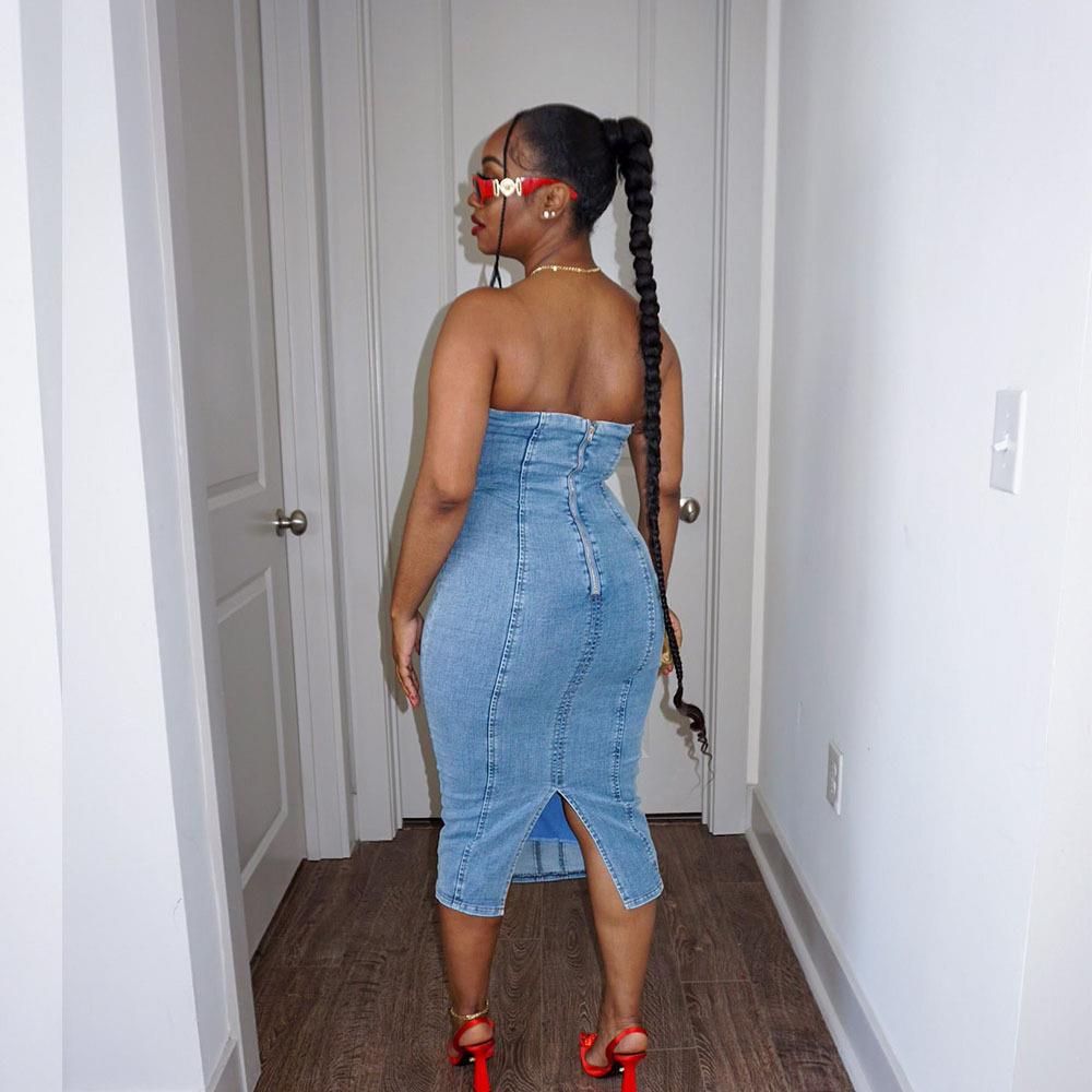 Women Clothing Sexy Slim Fit Stitching Tube Top Denim Dress for Women by Ragazza