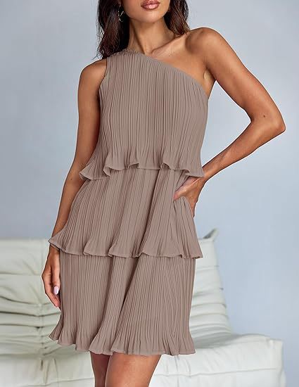 Spring Summer Women Clothing Oblique Shoulder Layered Stitching Hem Solid Color Dress Women by Ragazza