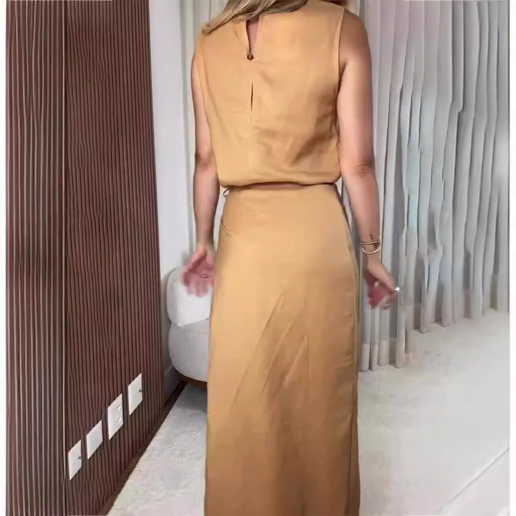 V Neck Sleeveless Irregular Asymmetric Lace Up Slim Dress Faux Two Piece Split Women Clothing by Ragazza