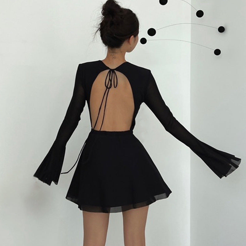 Fall Women Clothing Sexy Park Caiying Same Crew Neck Trumpet Long Sleeve Mesh Dress by Ragazza