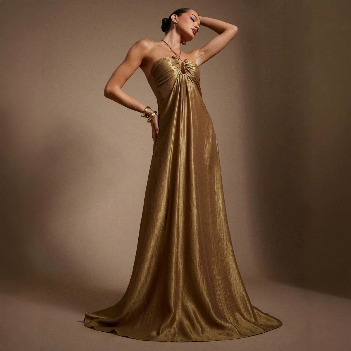 Summer Halter Sleeveless Backless Slim Fit Figure Flattering Waist Solid Color Maxi Dress DestGlow