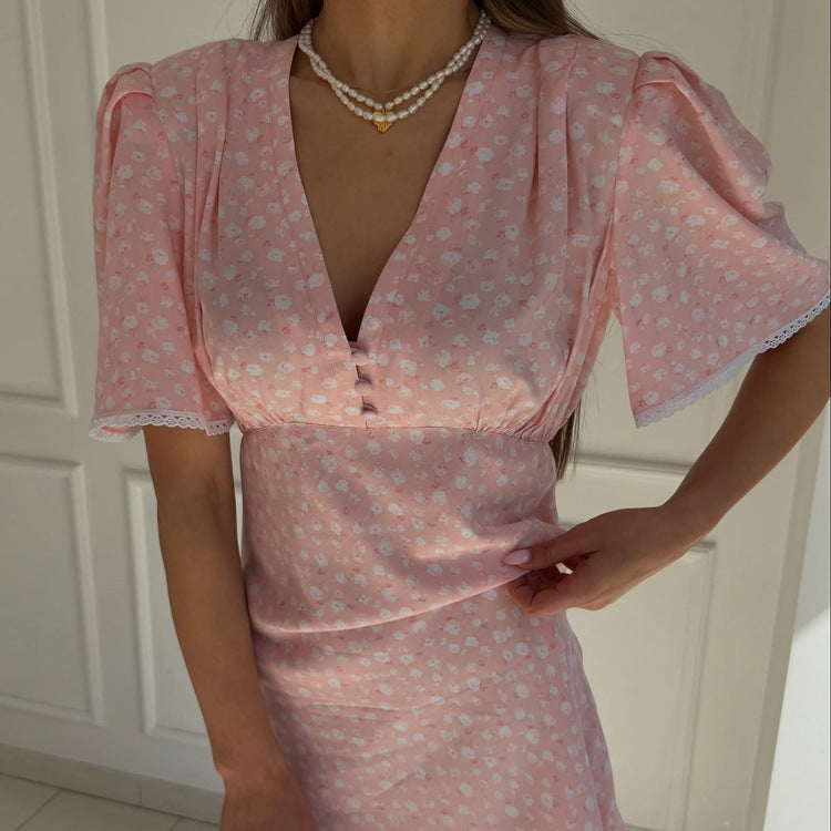 Women Clothing Summer Floral Dress Casual V neck Short Sleeve High Waist Short Dress by Ragazza