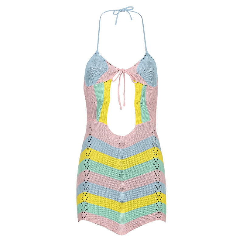 Wave Striped Contrast Color Product Mother Halter Straps Backless Chest Hollow Out Cutout Sexy Woolen Short Dress Women DestGlow