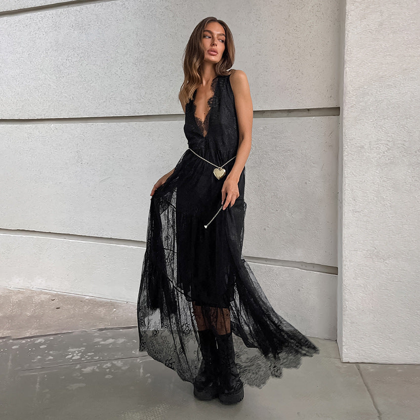 Sexy Black Brocade Lace Dress All Matching Sexy V-neck Loose Backless Women Dress by Ragazza