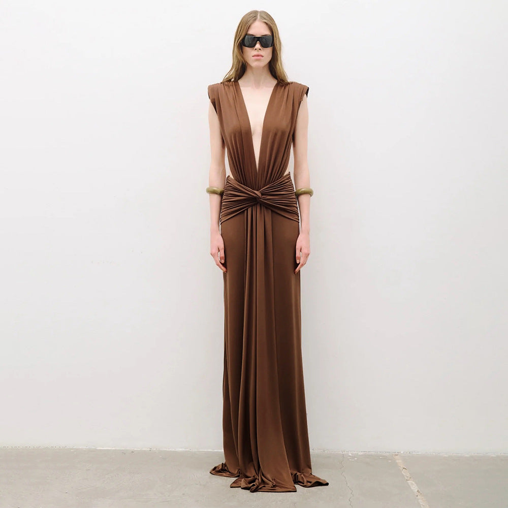 Sexy Brown Twisted Pleated Sleeveless Deep V Plunge Women Clothing Hip Dress DestGlow