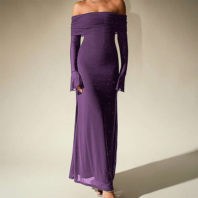 Mesh Silver Square Dress Sexy off Shoulder Flared Long Sleeve Dress Maxi Dress by Ragazza