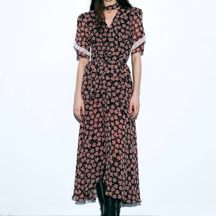 Digital Printing French Dress Women V neck Short Sleeve Front Slit Waist Seal Floral Dress by Ragazza
