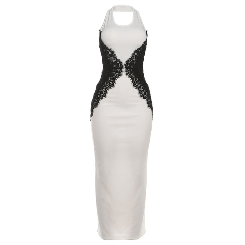 Autumn Winter Women Elegant Sexy Lace Stitching Hollow Out Cutout Contrast Color Slim Fit Halter Dress by Ragazza