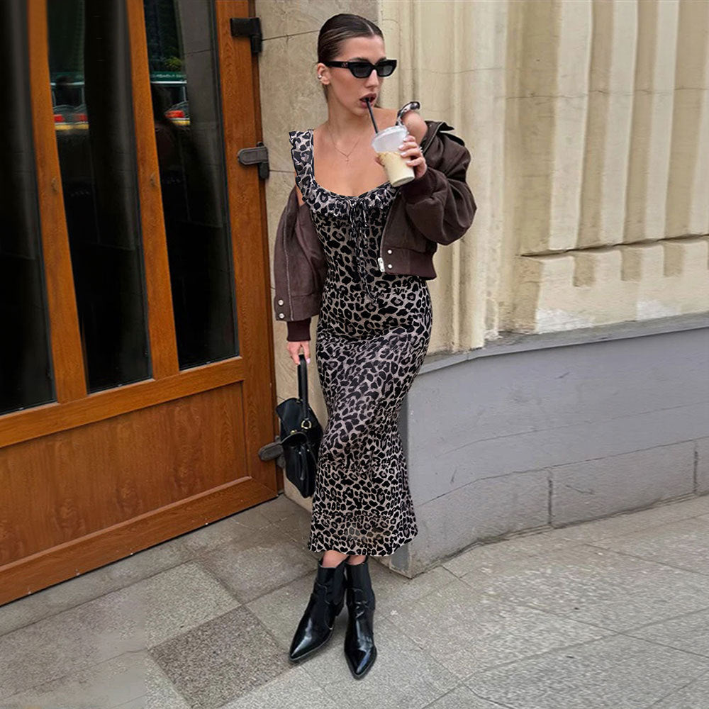 Vintage Leopard Print Lace up Waist Trimming Spaghetti Straps Dress Women Mid Length Sexy Slim Fit Figure Flattering Maxi Dress by Ragazza
