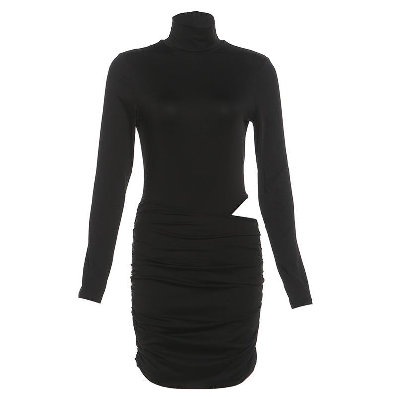 Autumn Winter Women Clothing Solid Color Sexy Tight Turtleneck Hip Bag Hollow Out Cutout Dress Women by Ragazza