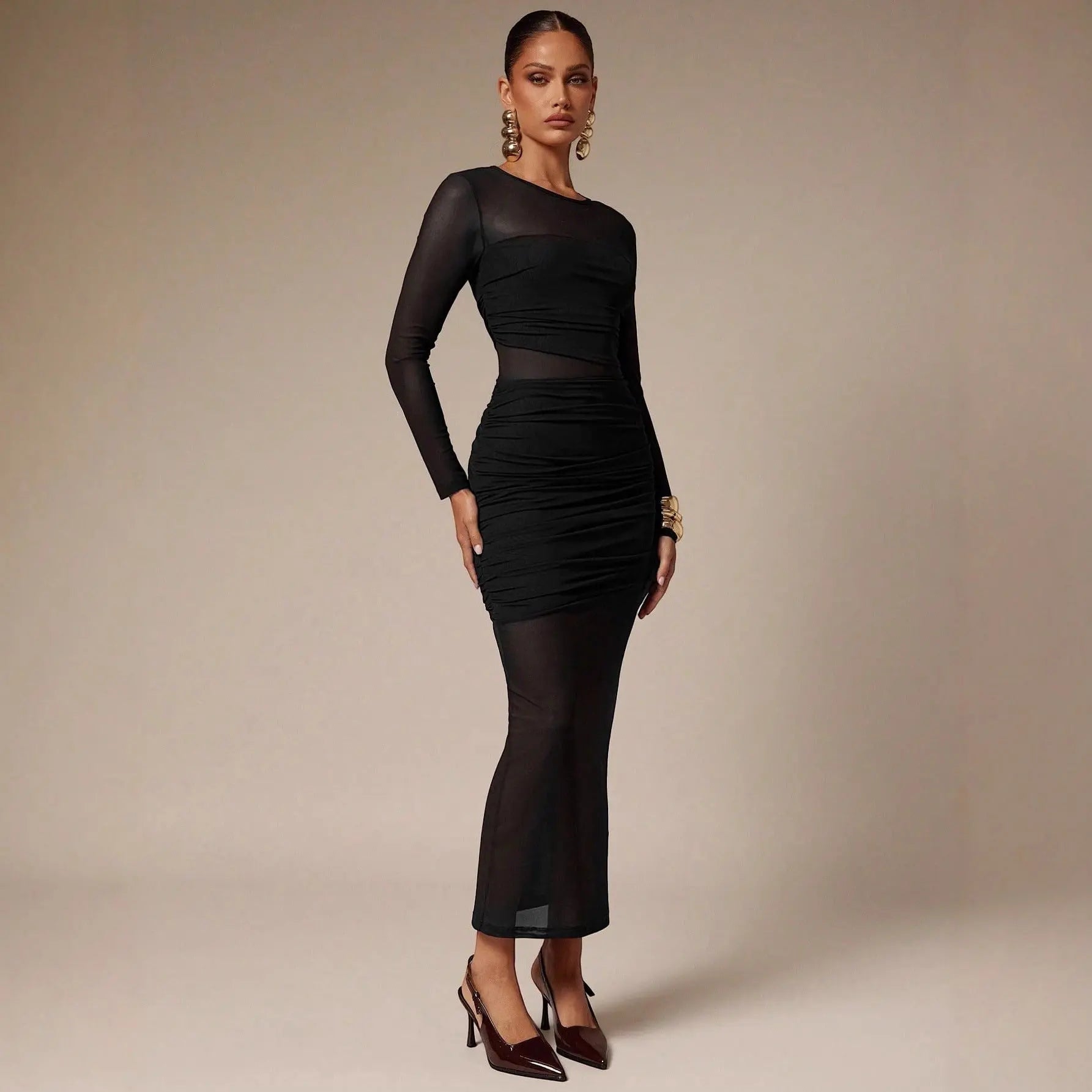 Round Neck Mesh Stitching Solid Color Slim Fit Sheath Pleated Edge Ladies Long Dress