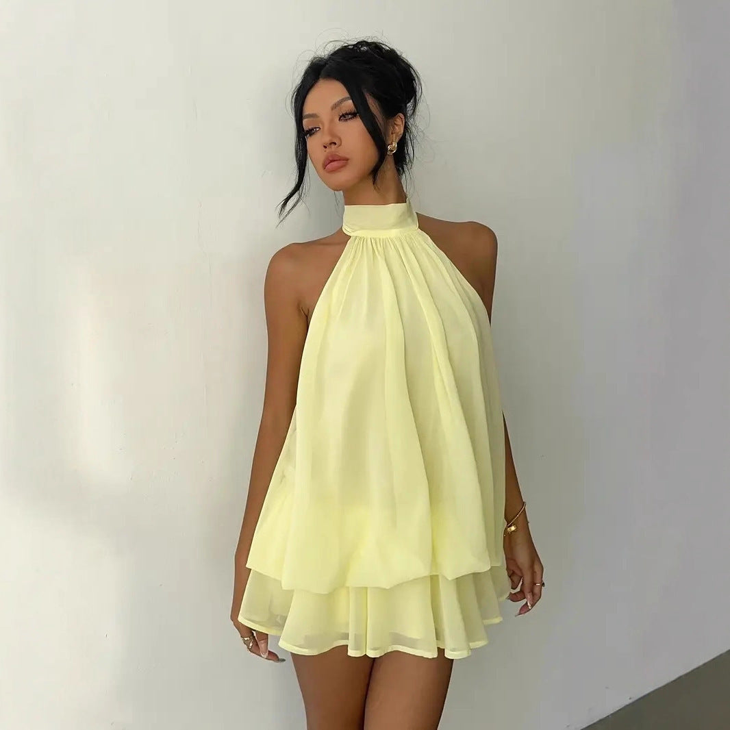 Vacation Figure Flattering Fashionable Sexy Backless Halter Lace Up Waist Trimming Solid Color Dress DestGlow
