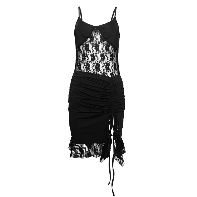 Sexy Strap Lace Stitching Hollow Out Cutout Slim Irregular Asymmetric Dress Short Dress by Ragazza