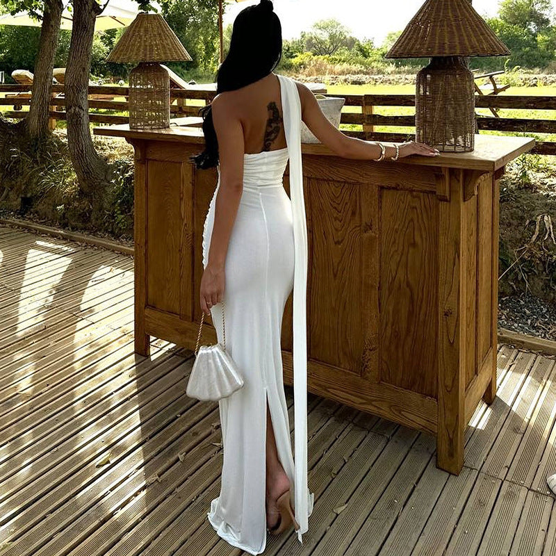 Women Clothing Solid Color Halter Dress Sexy Backless Ribbon Split Maxi Dress by Ragazza