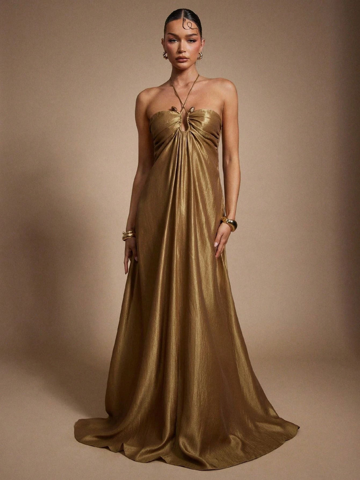 Summer Halter Sleeveless Backless Slim Fit Figure Flattering Waist Solid Color Maxi Dress DestGlow