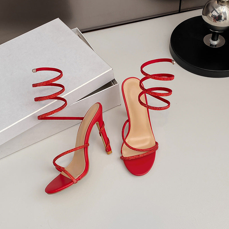 Summer Snake Shaped Rhinestone High Heel Shoes Internet Celebrity Fairy Winding Stiletto Sandals Women DestGlow