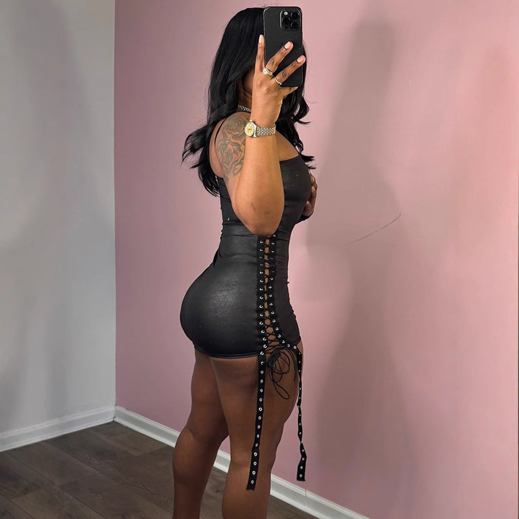 Women Clothing Dress Diagonal Collar Ribbon Hollow Out Cutout out Strap Single Side Long Sleeve Pullover Hip for Women by Ragazza
