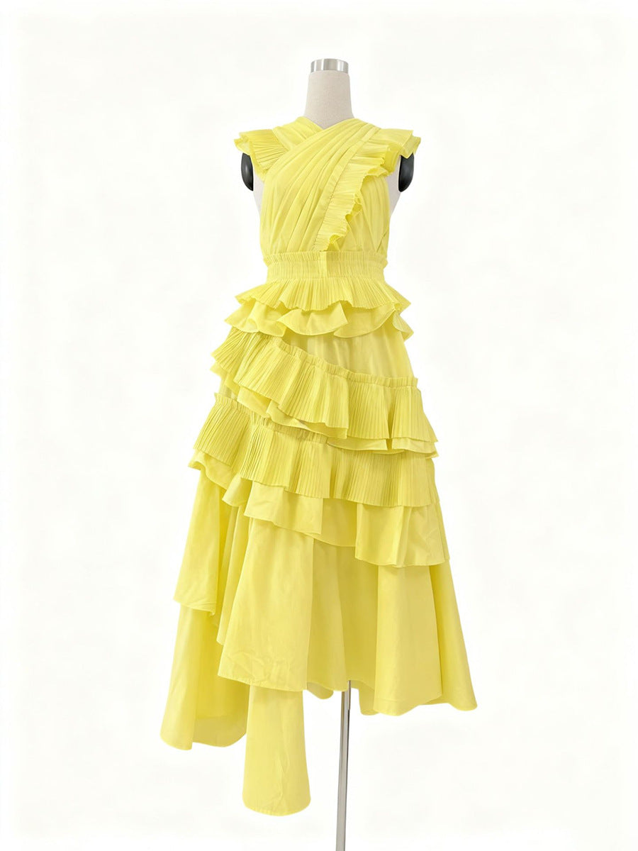 Spring Elegant Elegant Wooden Ear Stitching High Grade V neck Cross Maxi Dress Women Clothing by Ragazza