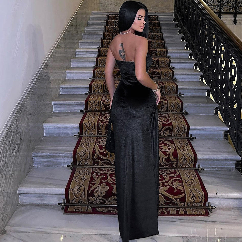 Women Clothing Winter Sexy Slit Slim Pleated Tube Top Dress by Ragazza