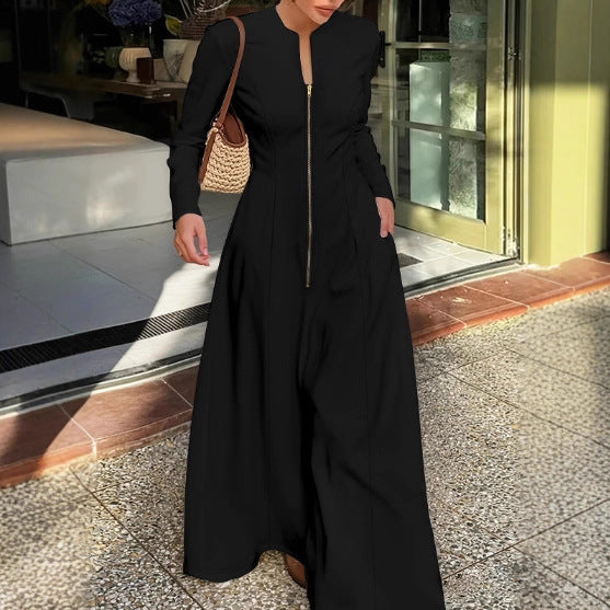 Women Clothing A line Dress round Neck Long Sleeve Zipper Pocket Maxi Dress Simple Elegant by Ragazza