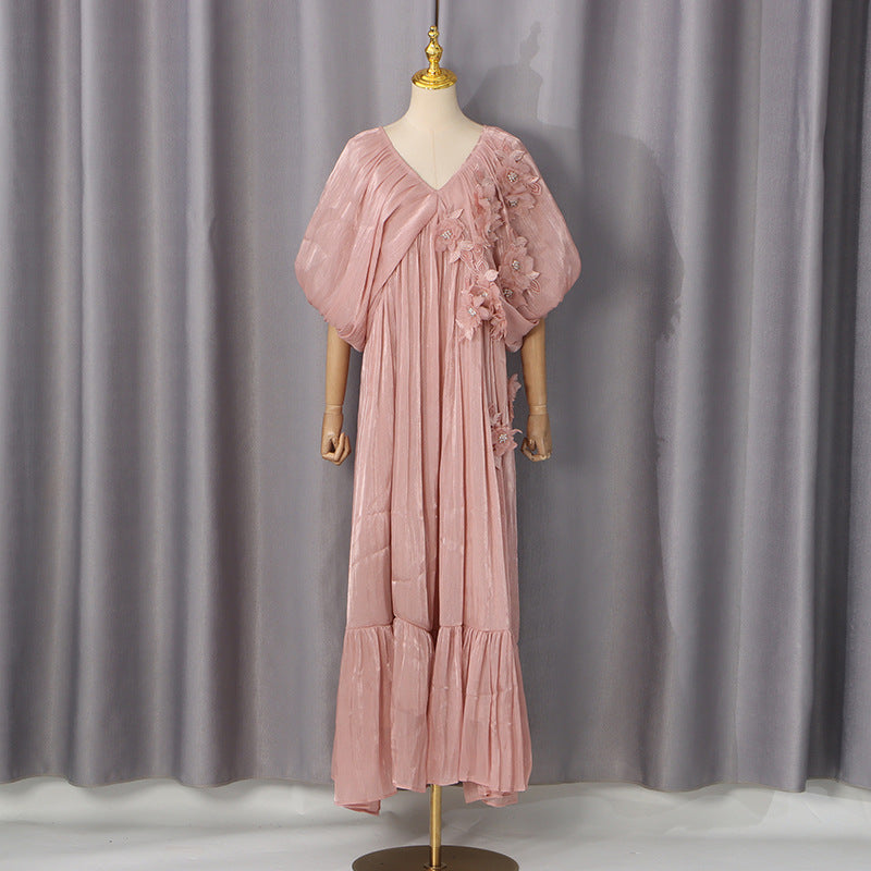 Romantic Vacation Maxi Dress Spring V neck Drop Shoulder Batwing Sleeve Stitching Three Dimensional Floral Dress DestGlow