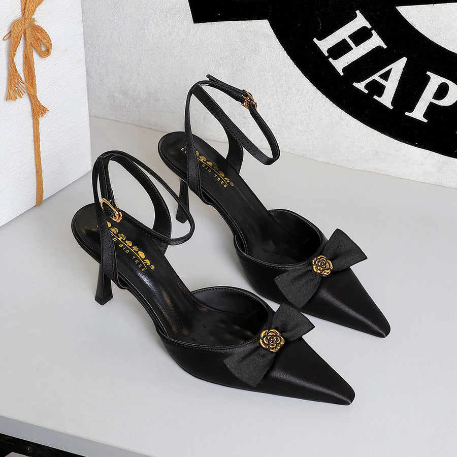 French Wind Black Classy High Heels Women Metal Small Floral Bow Buckle Back Empty Women Shoes DestGlow