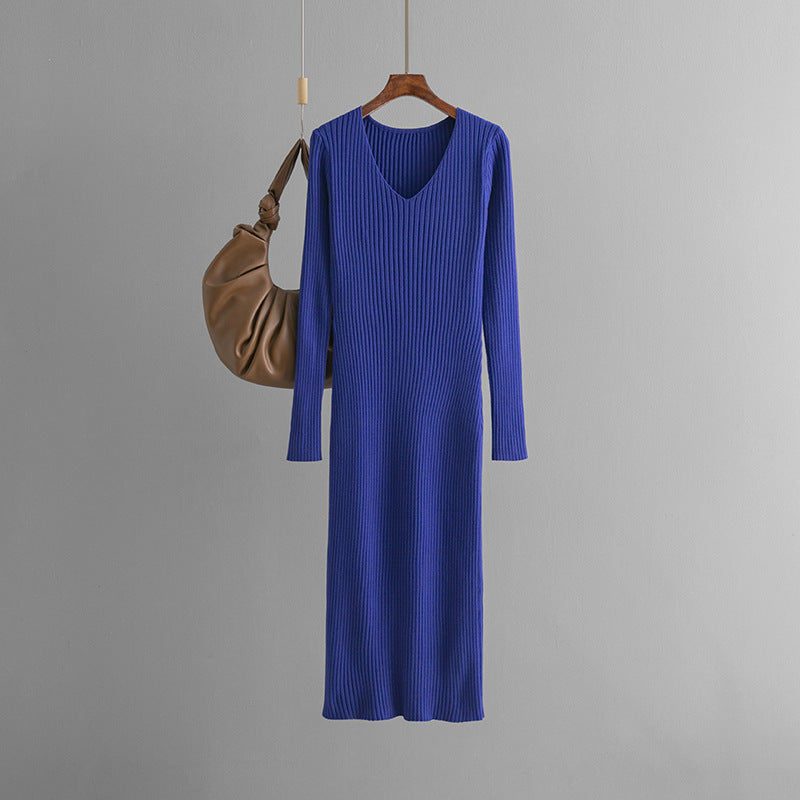 Autumn Winter V neck Knitted Dress Outer Wear Straight Slimming Long Sleeve Sunken Stripe Slit Base Overknee Sweater Dress by Ragazza