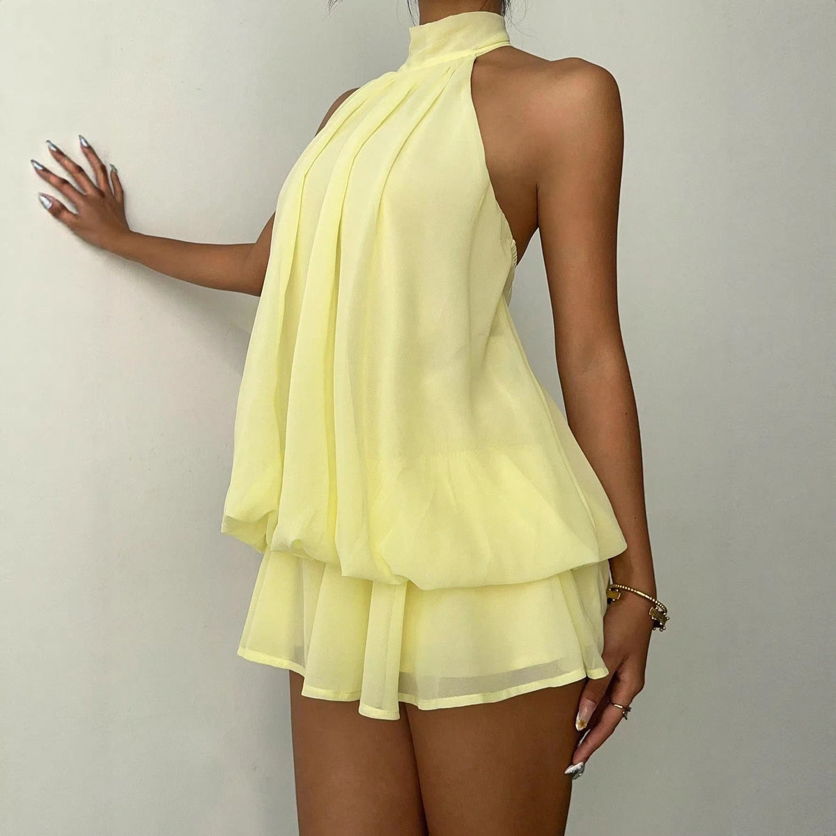 Vacation Figure Flattering Fashionable Sexy Backless Halter Lace Up Waist Trimming Solid Color Dress DestGlow