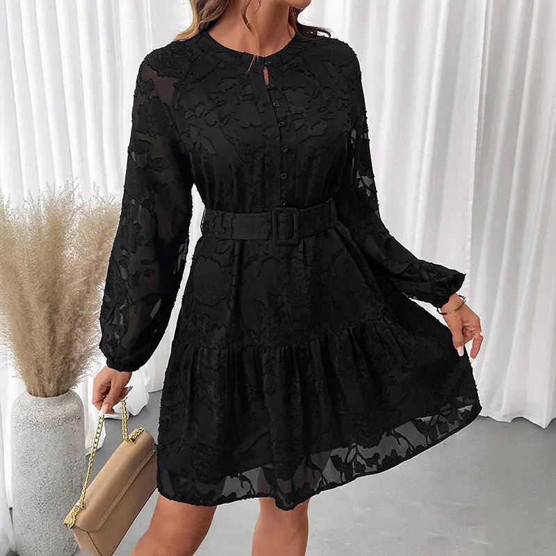 Spring Autumn Elegant Short Dress round Neck Long Sleeve Black Jacquard Dress