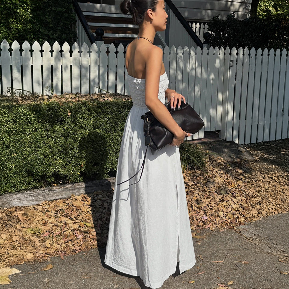 Purified Cotton Tube Top Dress Summer Vacation off the Shoulder Pleated High Waist Maxi Dress DestGlow