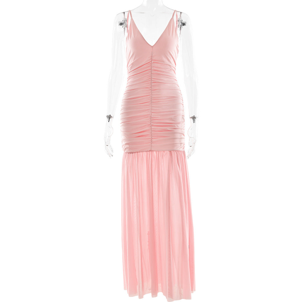 Elegant Straps Tulle Dress Sexy Deep V Plunge Pleated Stitched Backless Maxi Dress by Ragazza