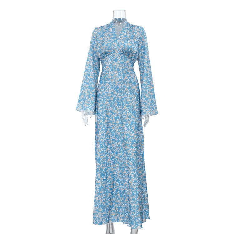 Elegant V neck Bell Sleeve French A line Dress Women Clothing High Waist Floral Dress DestGlow
