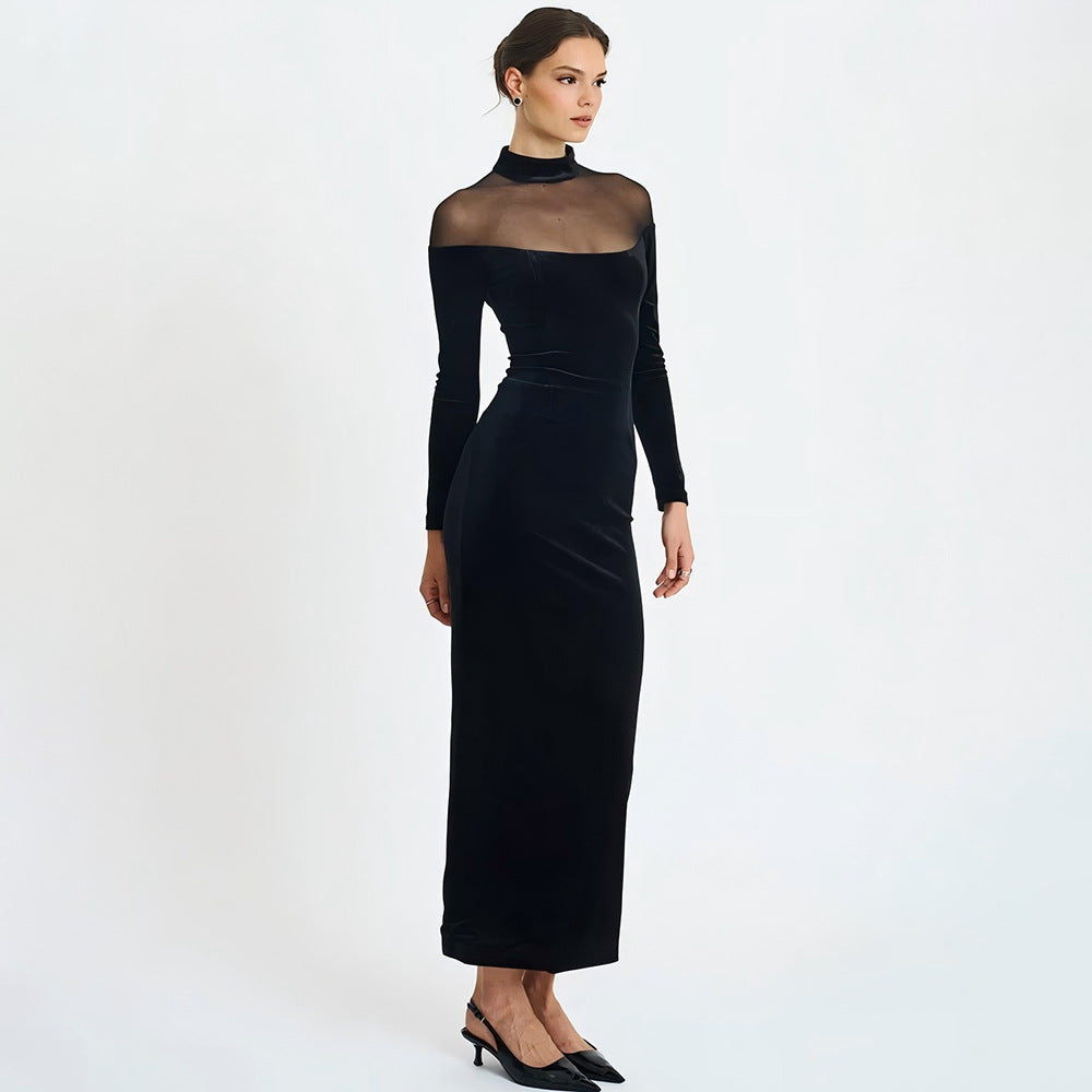 Autumn Winter Wear Voile See through Stitching Dress Sexy Tight Solid Color Dress by Ragazza