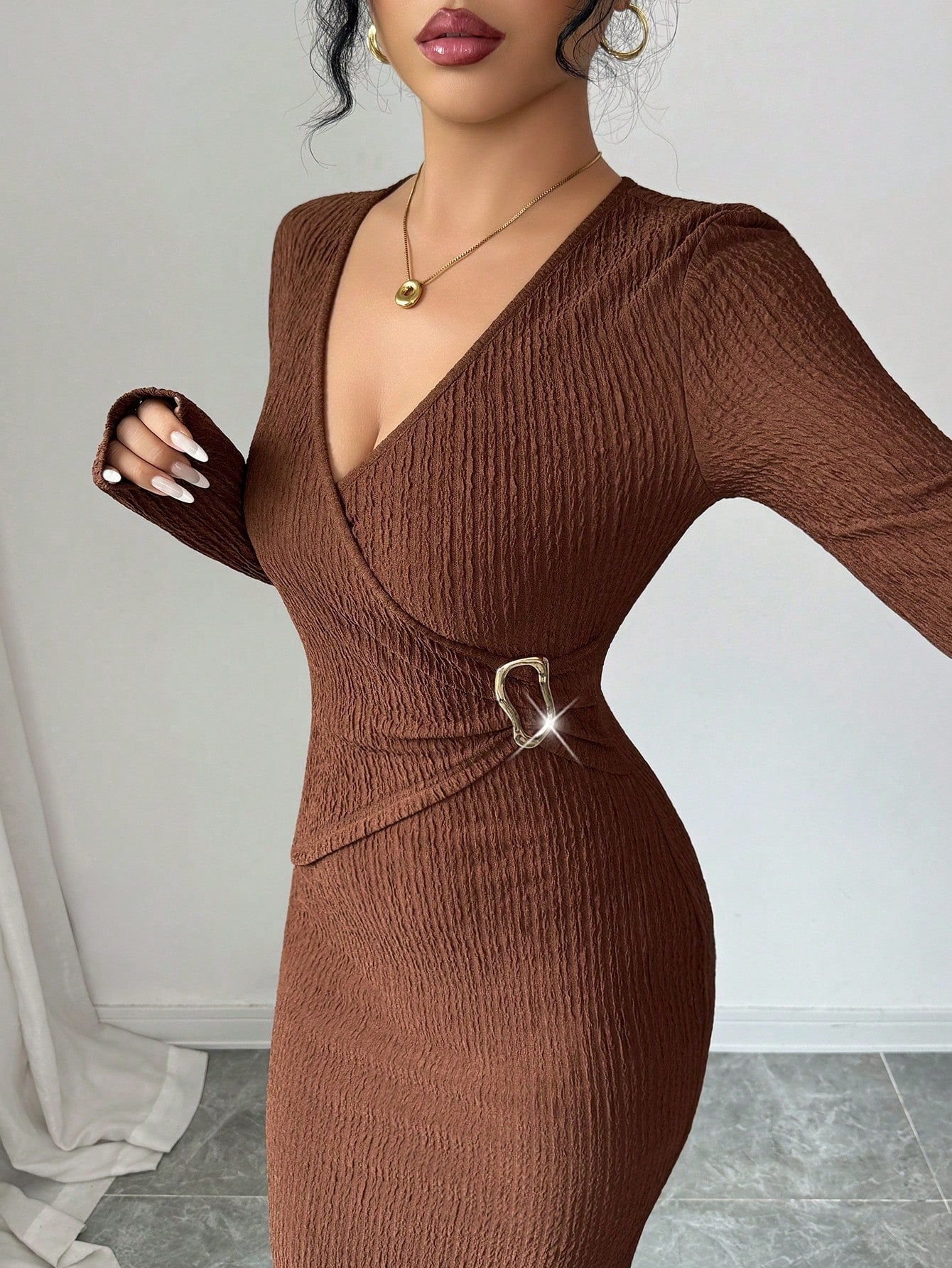 Cross Collar Knitted Texture Solid Color Slim Slimming Dress Women Winter by Ragazza